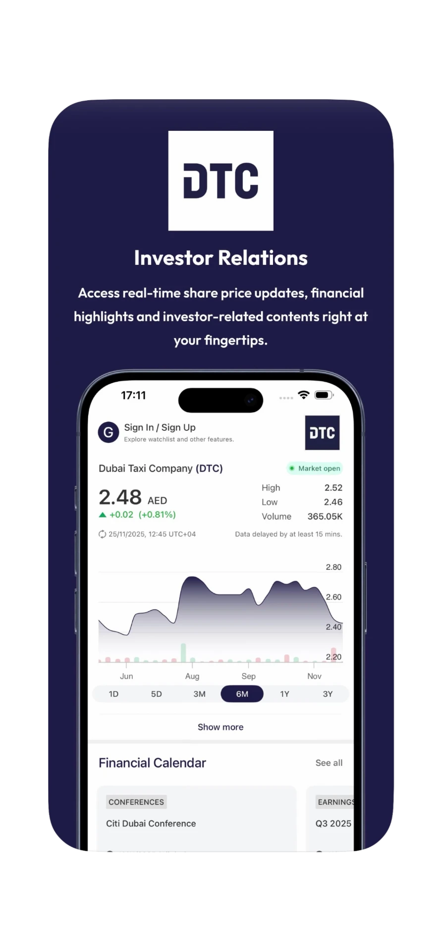 DTC Investor Relations App shown on a phone
